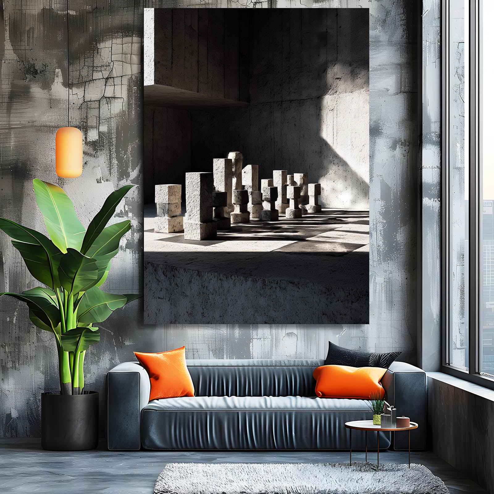 Concrete Shadow Set Chess Canvas – styled in a furnished interior