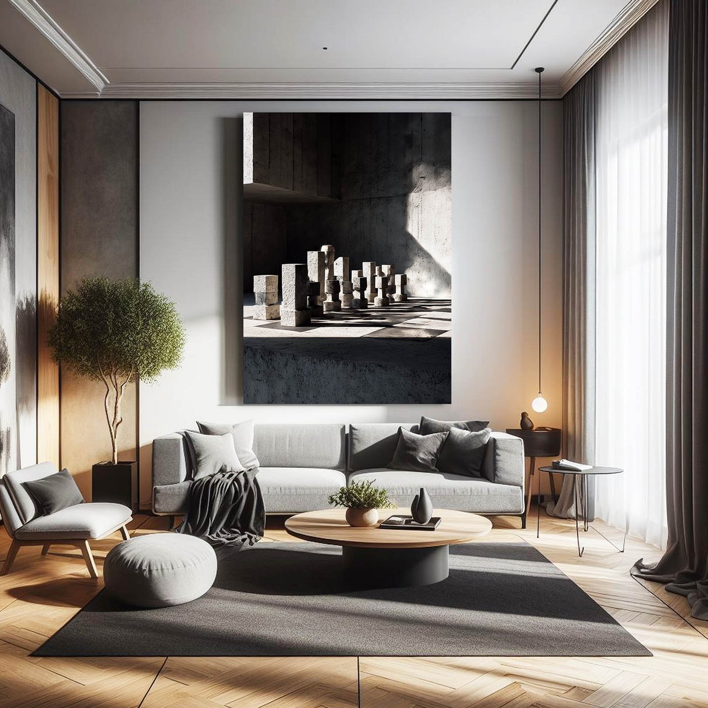 Concrete Shadow Set Chess Canvas – styled in a furnished interior