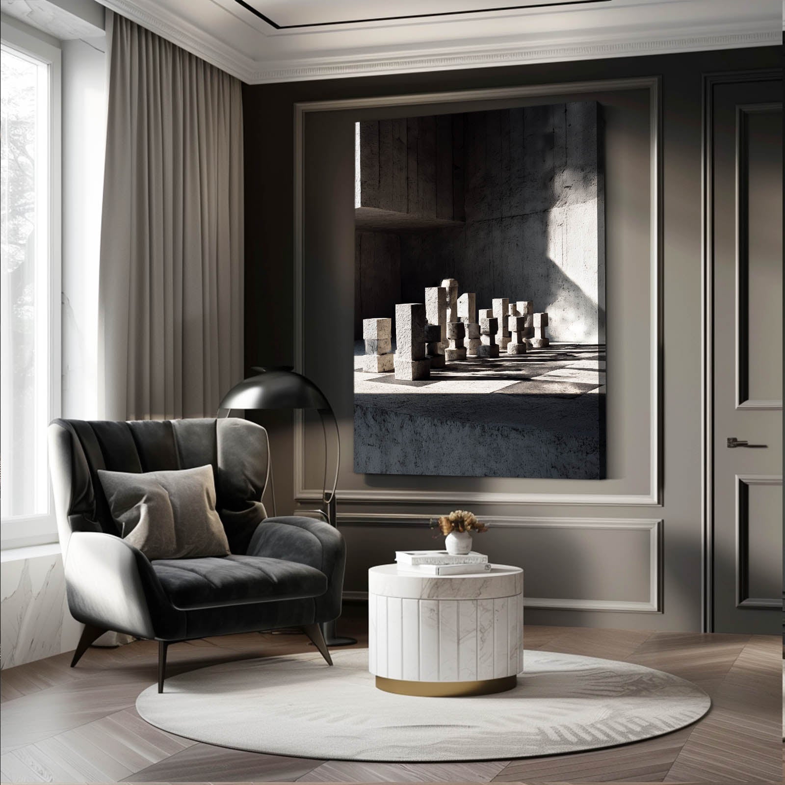 Concrete Shadow Set Chess Canvas – styled in a furnished interior