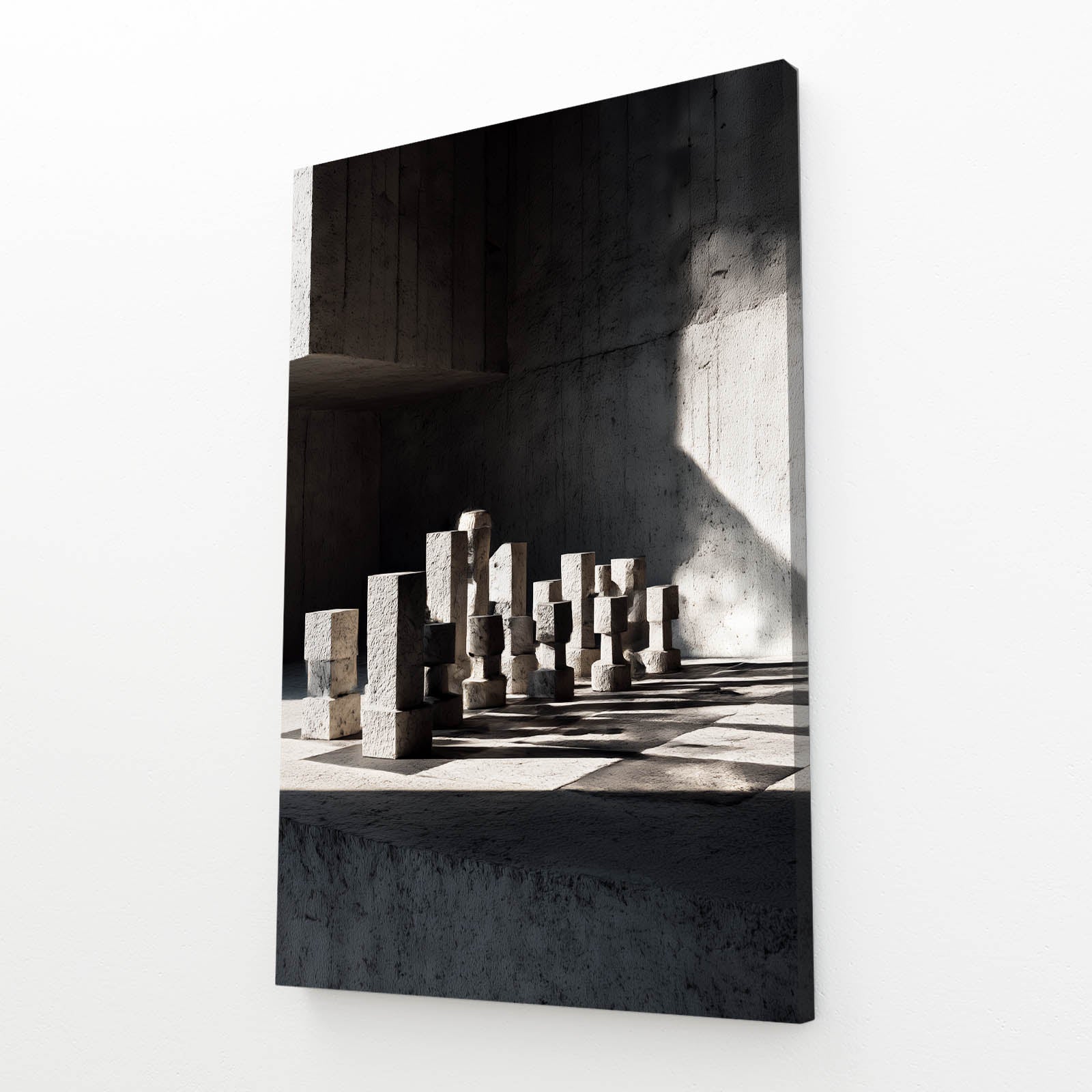 Concrete Shadow Set Chess Canvas – angled canvas view on white background