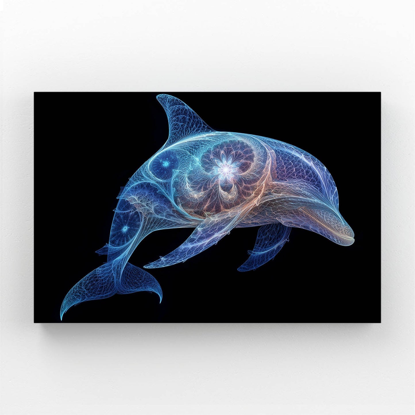Constellation Dolphin Wall Art – dolphin traced in glowing constellations with a galaxy core on black