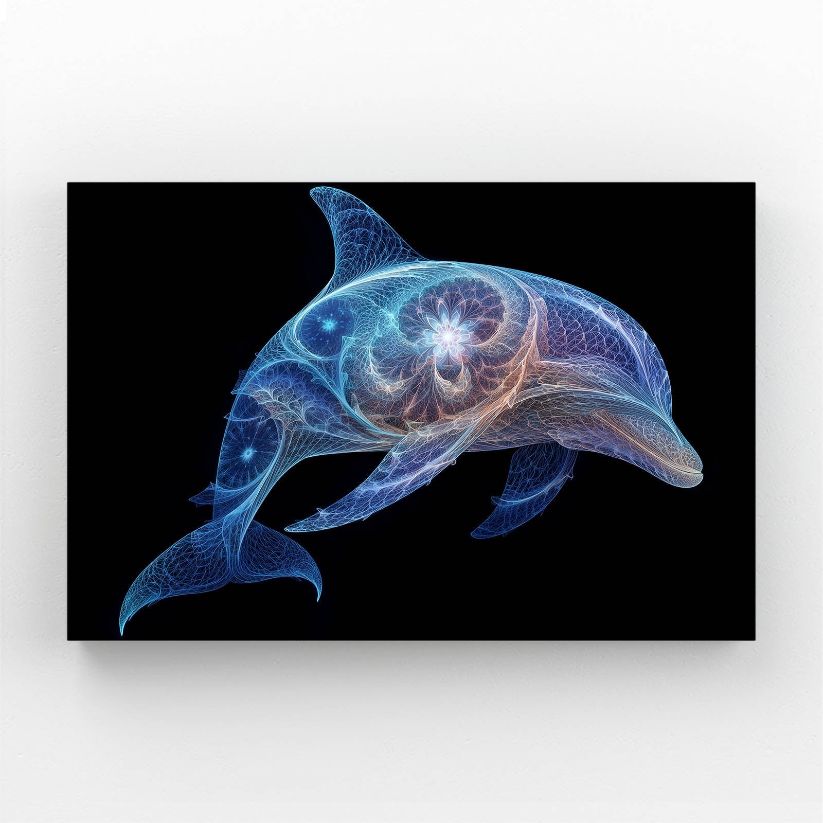 Constellation Dolphin Wall Art – dolphin traced in glowing constellations with a galaxy core on black