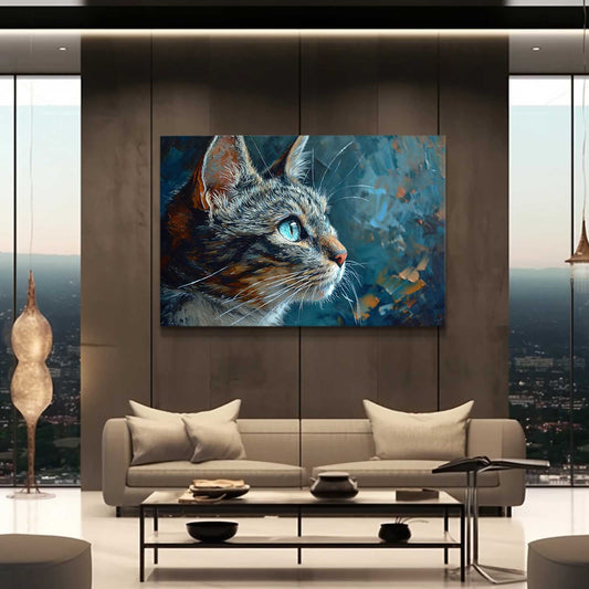 Contemplative Cat Wall Art — digital canvas print in blue tones, view 3