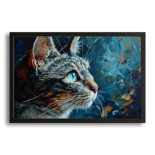 Contemplative Cat Wall Art — digital canvas print in blue tones, canvas print on white background