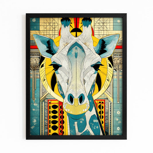 Framed artwork of a stylized giraffe with geometric patterns on a white background