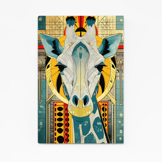 Colorful abstract design of a giraffe's face on a geometric background