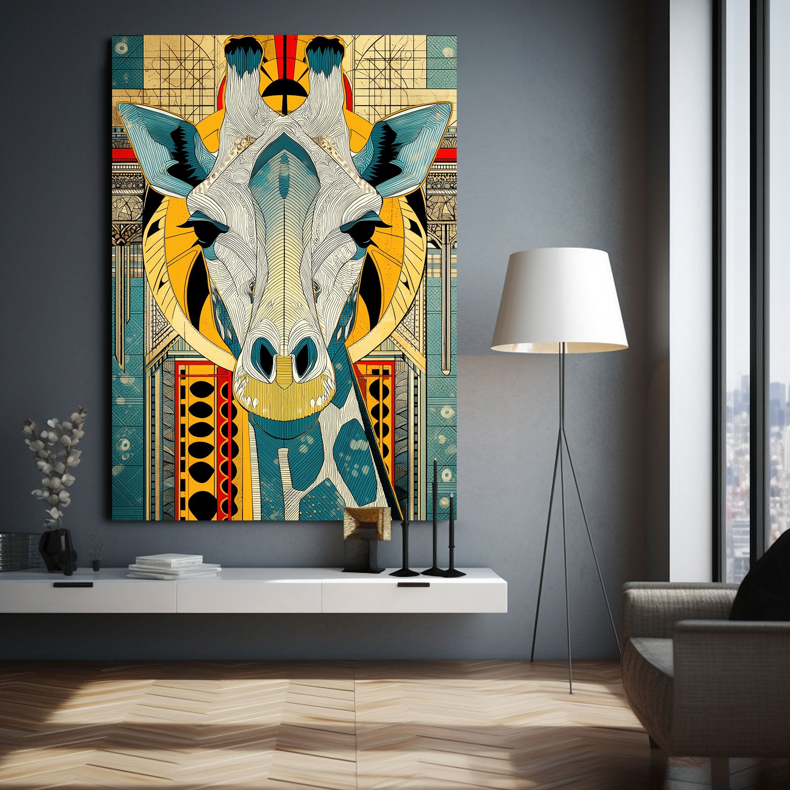 Colorful abstract giraffe painting on a wall in a modern living room.