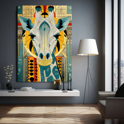 Colorful abstract giraffe painting on a wall in a modern living room.