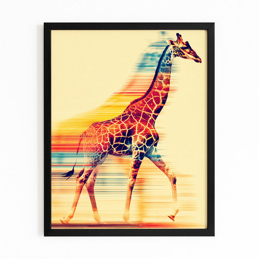 Framed artwork of a colorful giraffe on a beige background