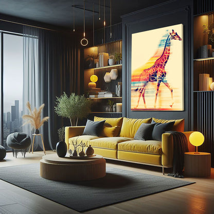 Modern living room with yellow sofa, colorful giraffe painting, and decorative items.