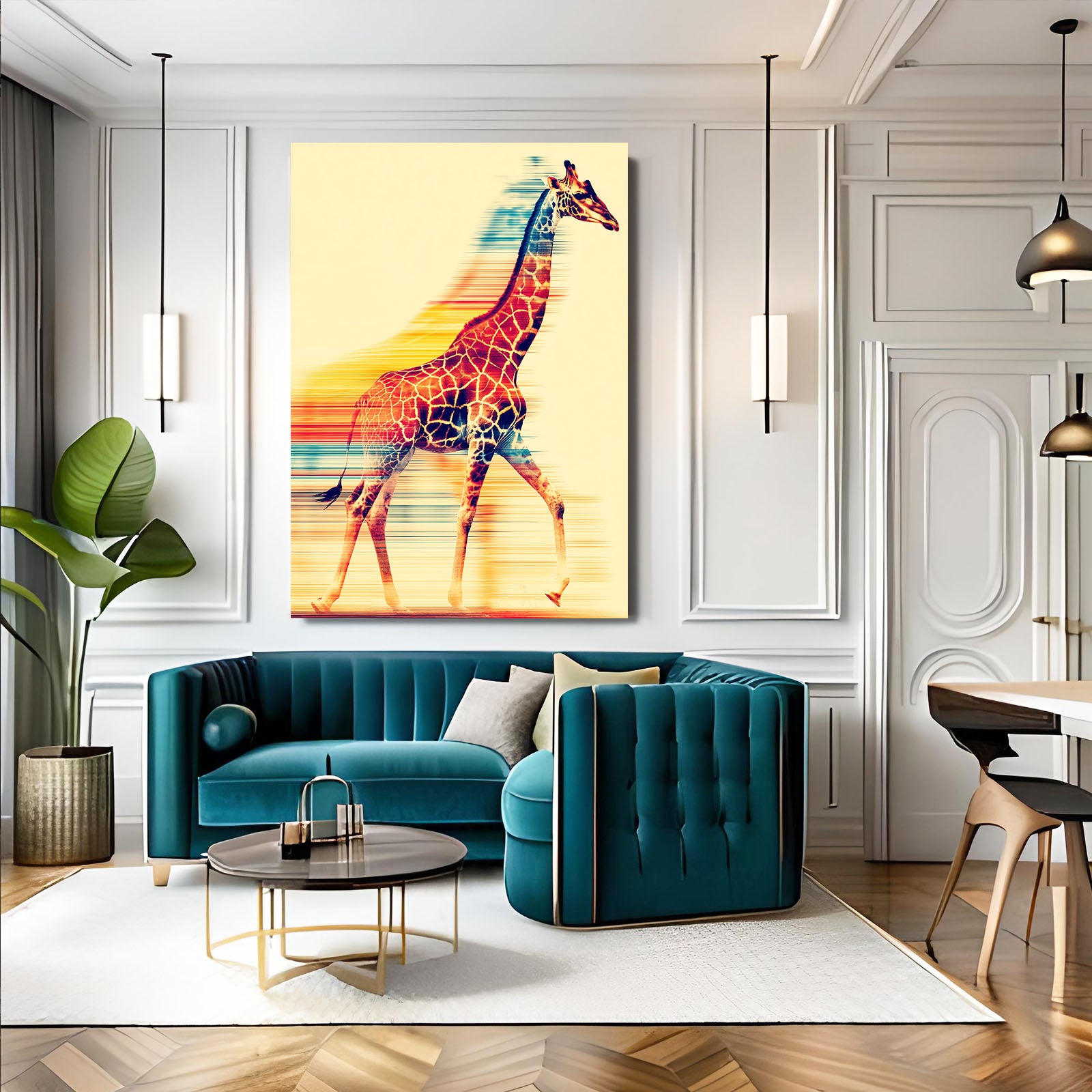 Modern living room with a teal sofa, colorful giraffe painting, and decorative items.