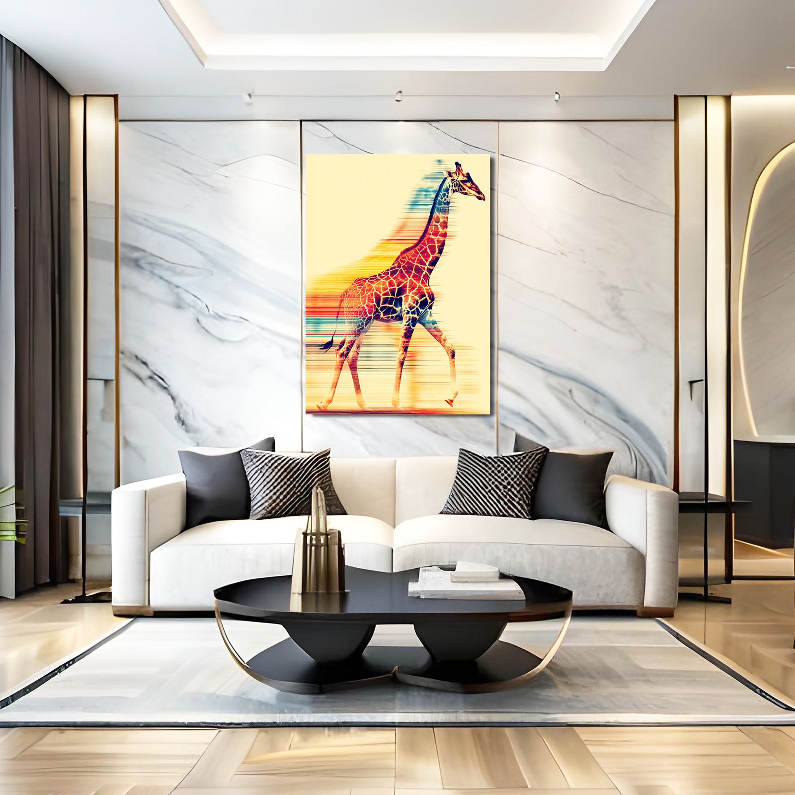 Modern living room with a white sofa, coffee table, and colorful giraffe painting on a marble wall.