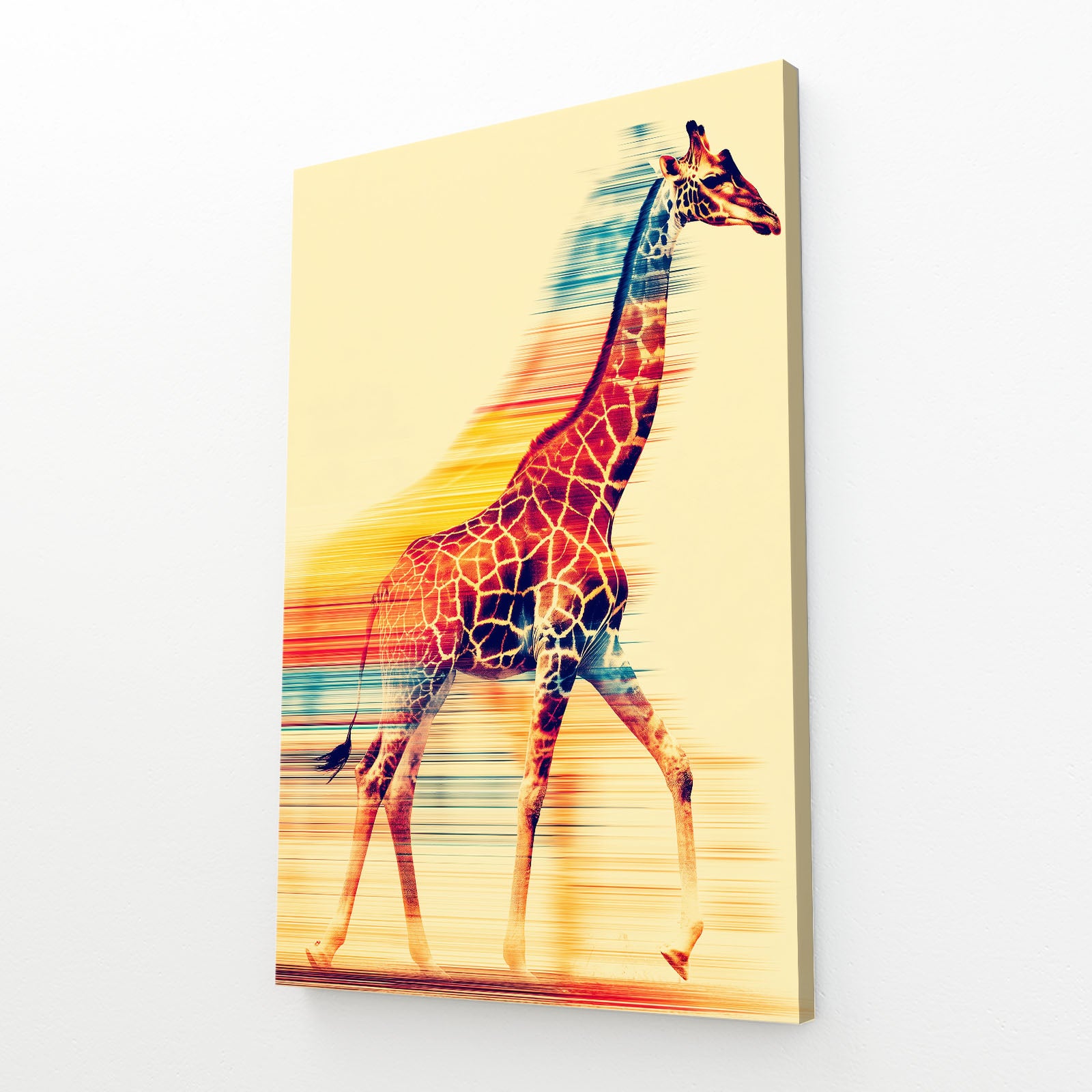 Colorful abstract giraffe painting on a white wall
