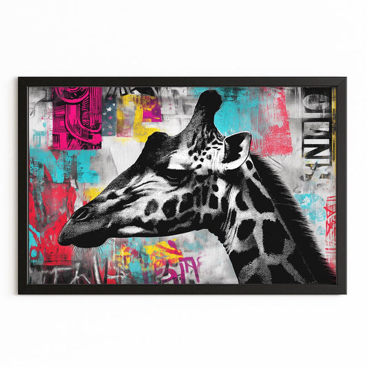 Framed artwork of a giraffe with a colorful abstract background
