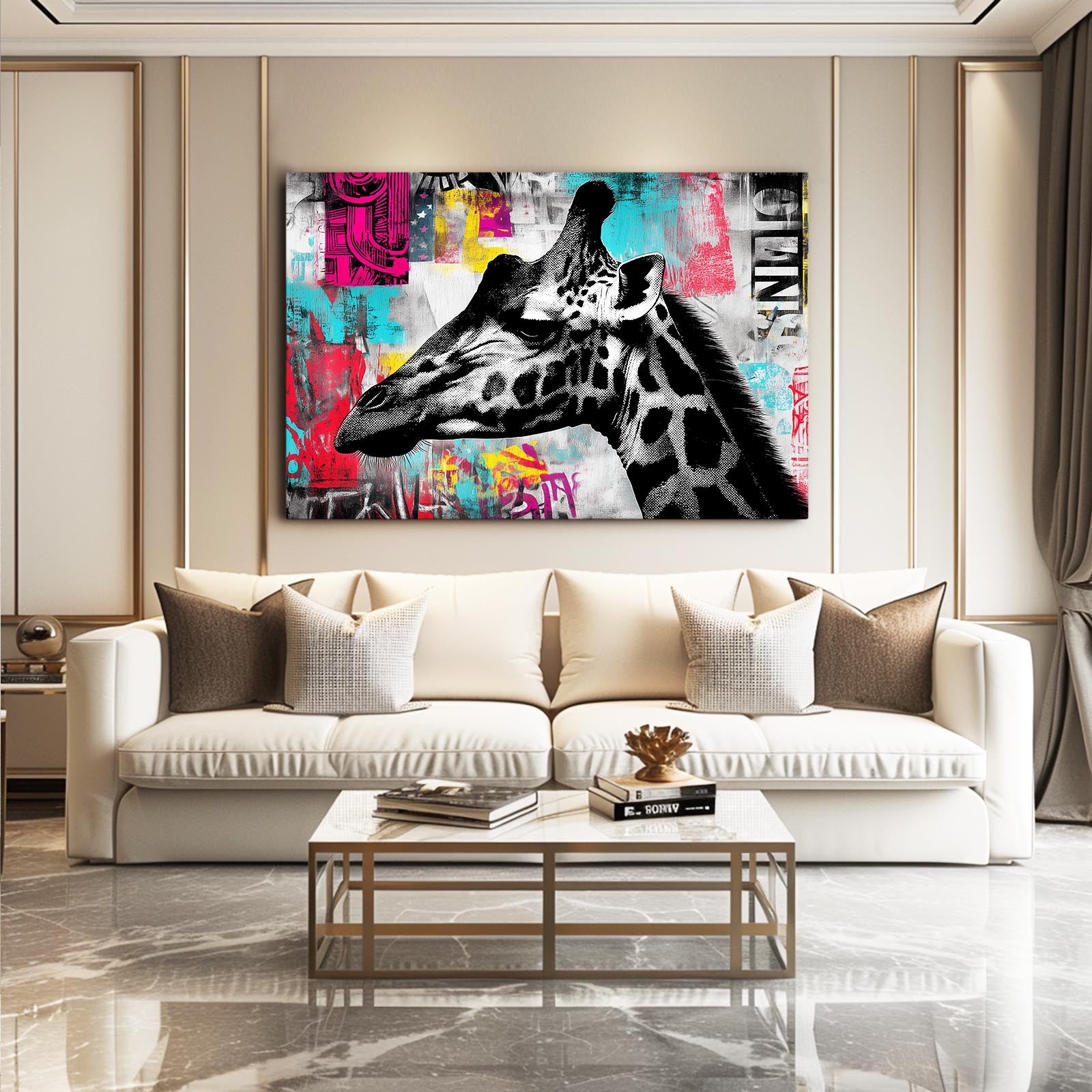 Modern living room with a giraffe painting on the wall above a beige sofa.