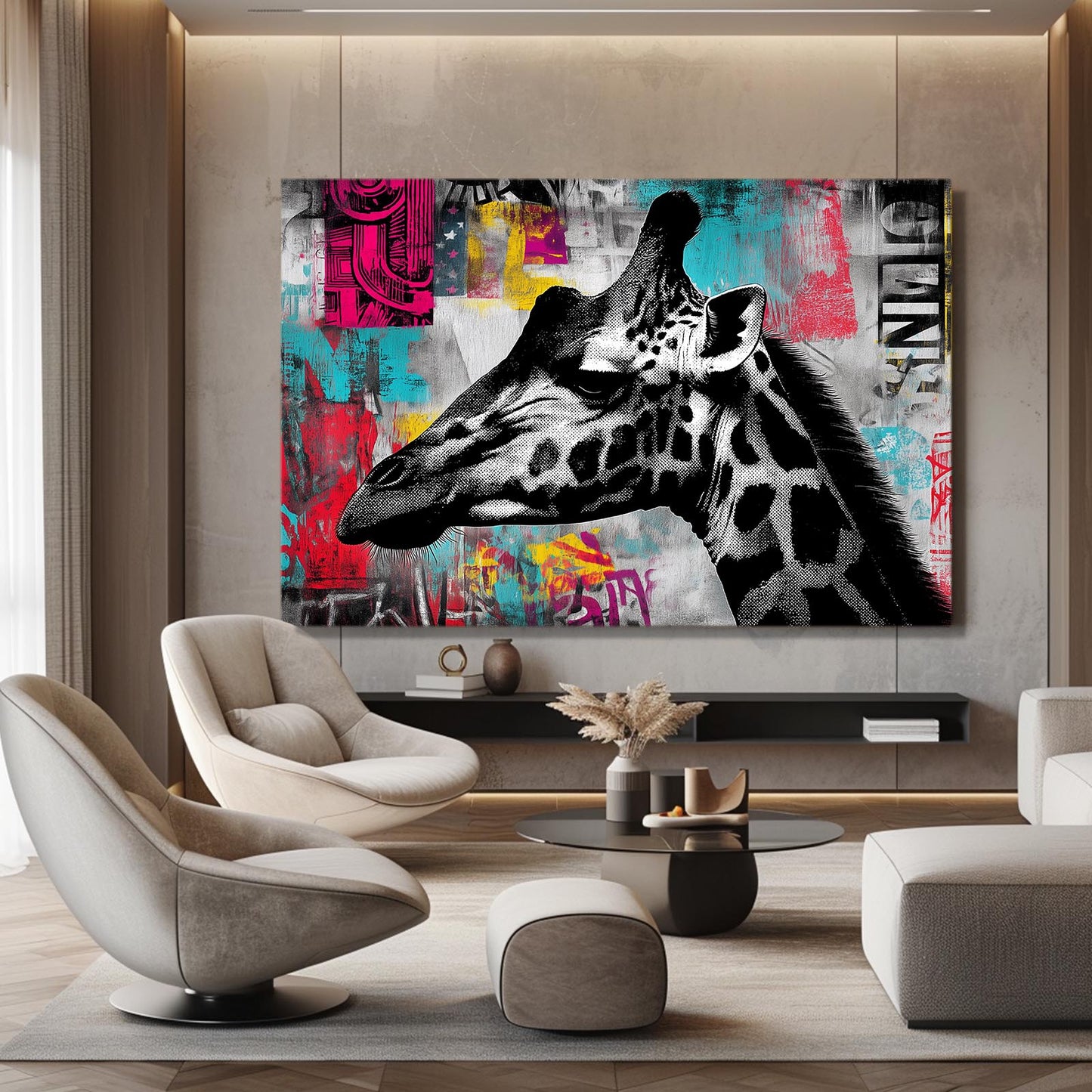 Modern living room with a large abstract painting of a giraffe on the wall.