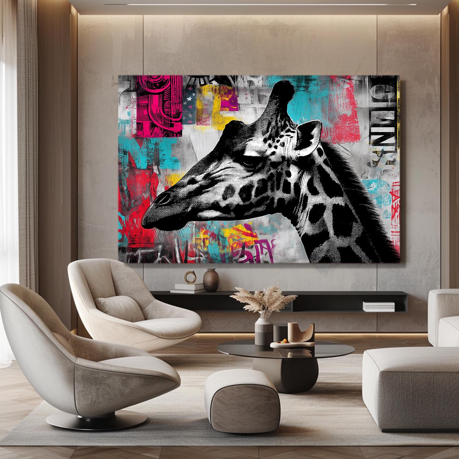Modern living room with a large abstract painting of a giraffe on the wall.