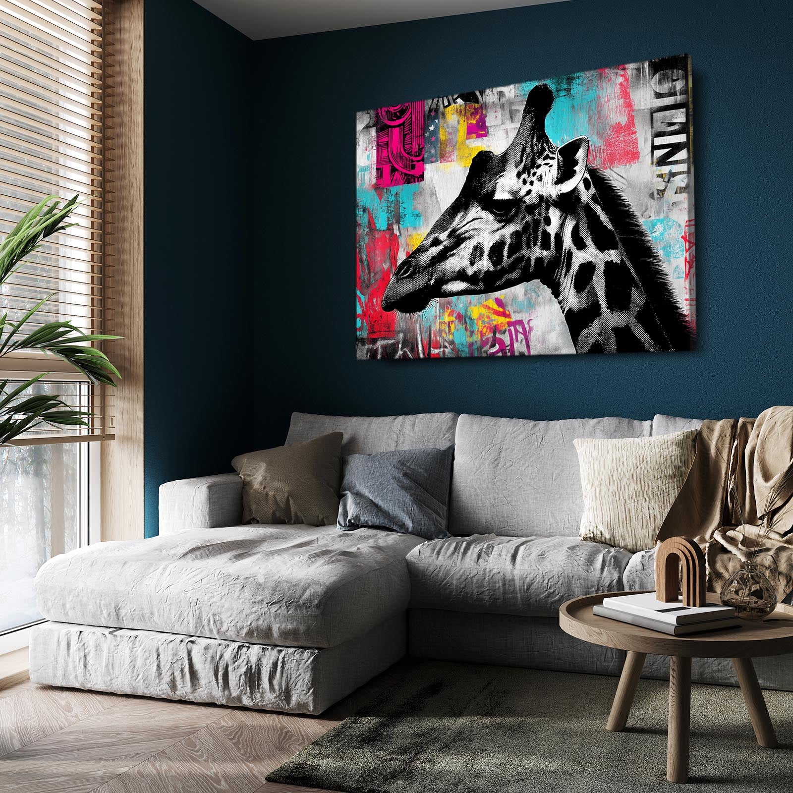 Modern living room with a gray sectional sofa and a colorful giraffe painting on the wall.
