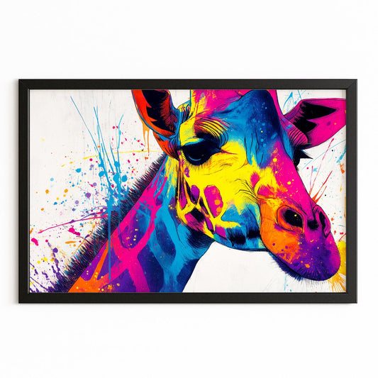 Colorful abstract giraffe painting with splashes on a white background