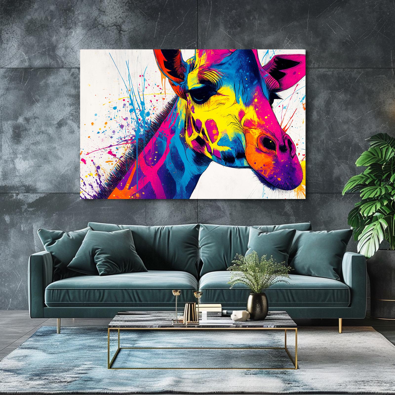 Colorful abstract giraffe painting on a gray wall above a teal sofa.