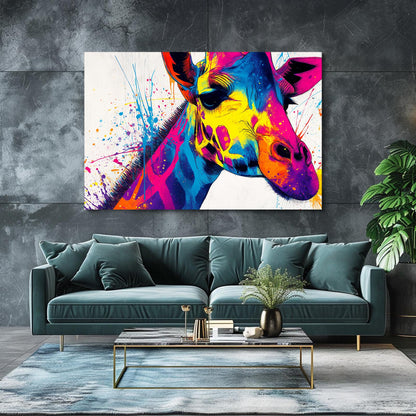 Colorful abstract giraffe painting on a gray wall above a teal sofa.