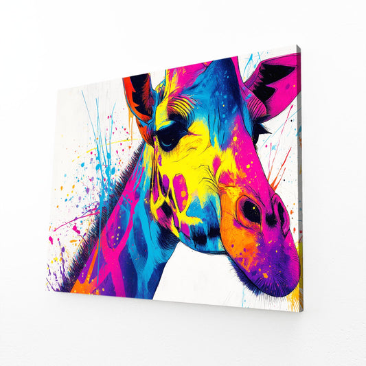 Colorful abstract painting of a giraffe on a white background