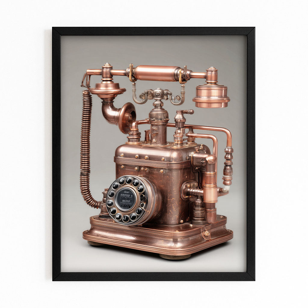 Copper Antique Telephone Steampunk Wall Art – with Premium Black frame on white background