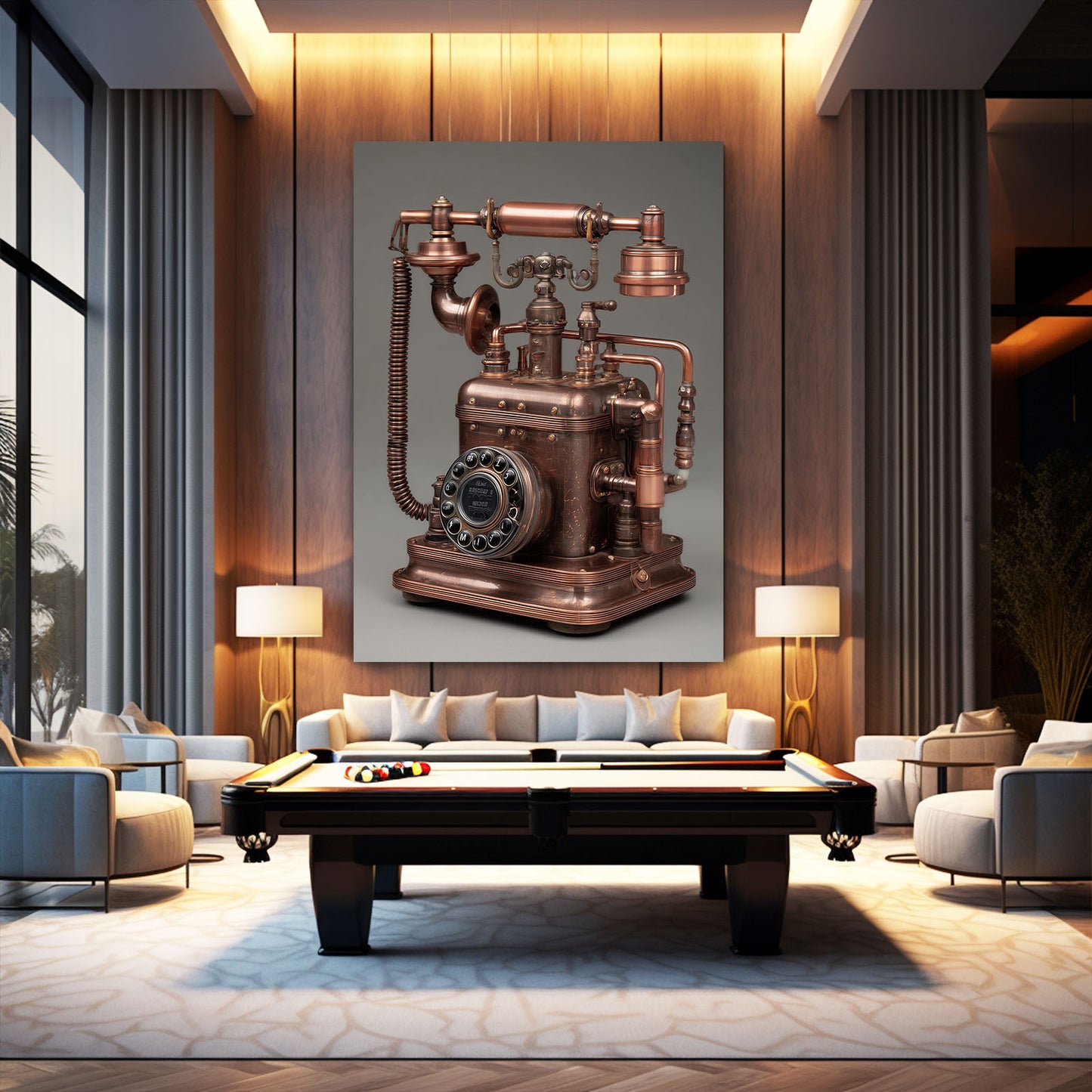 Copper Antique Telephone Steampunk Wall Art – styled in a furnished interior