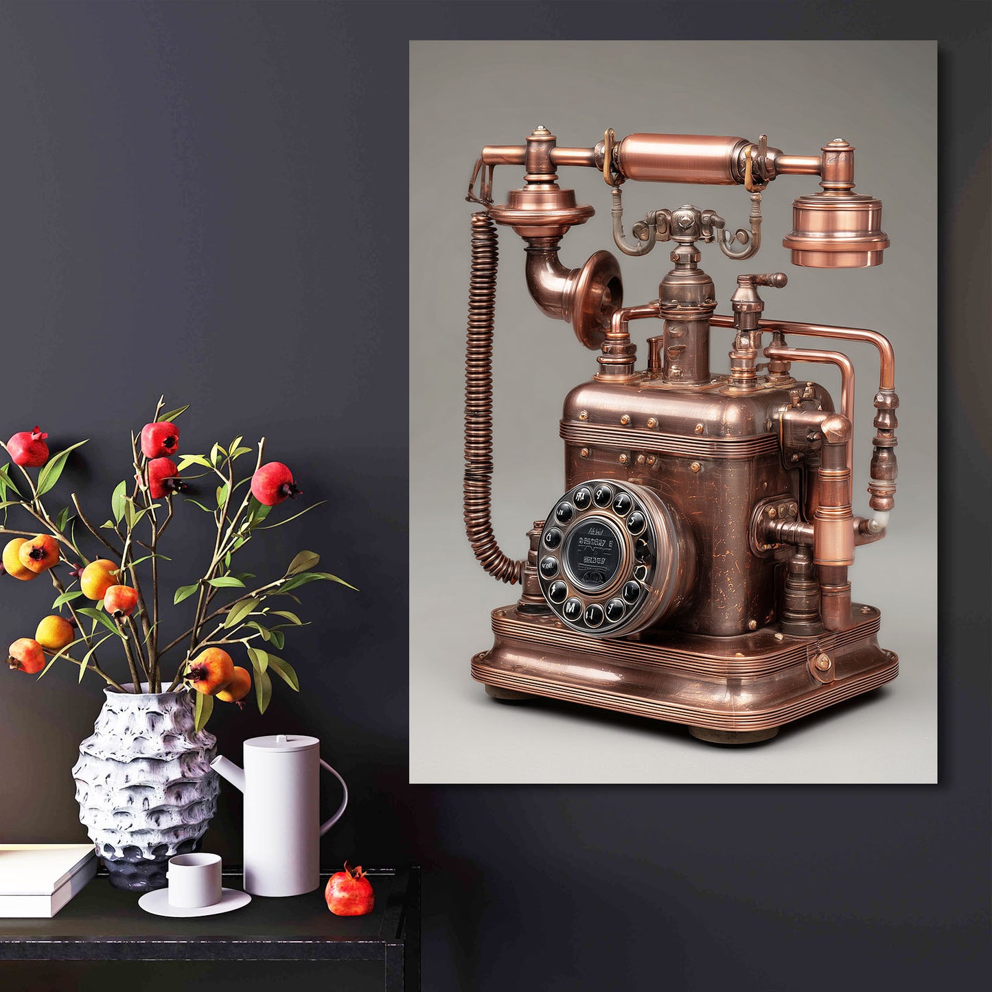 Copper Antique Telephone Steampunk Wall Art – styled in a furnished interior
