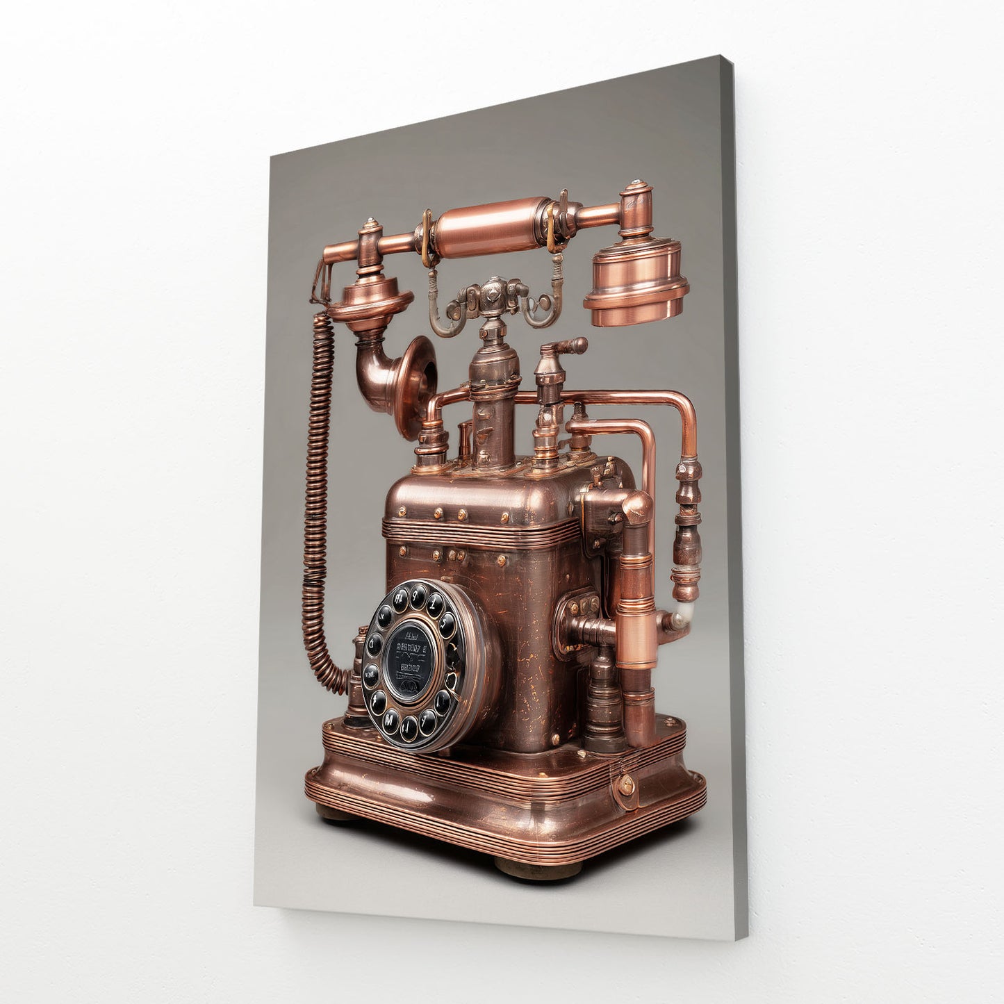 Copper Antique Telephone Steampunk Wall Art – angled canvas view on white background
