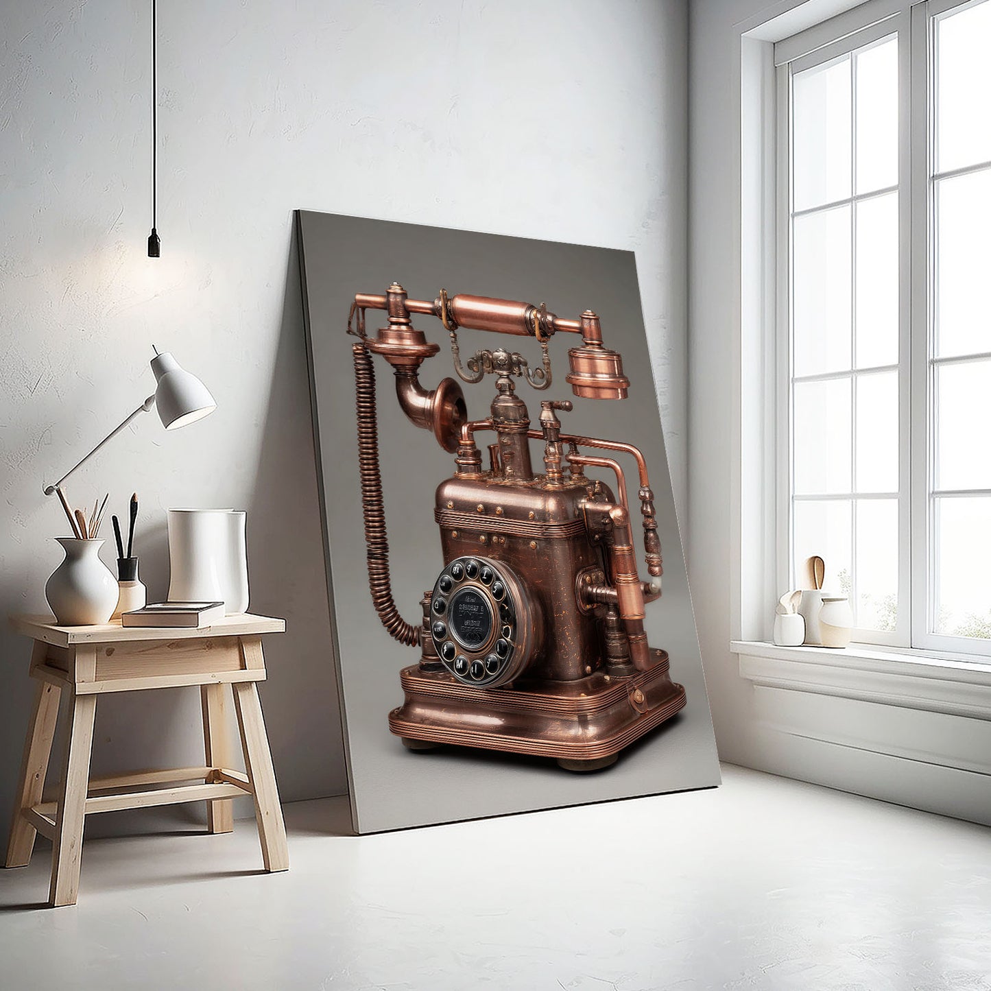 Copper Antique Telephone Steampunk Wall Art – styled in a furnished interior
