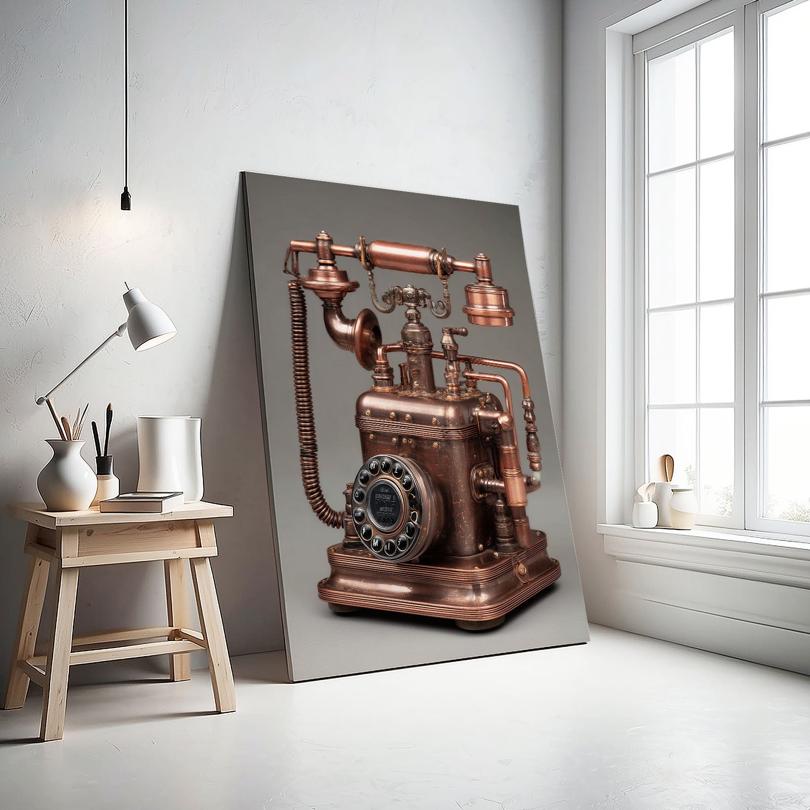 Copper Antique Telephone Steampunk Wall Art – styled in a furnished interior
