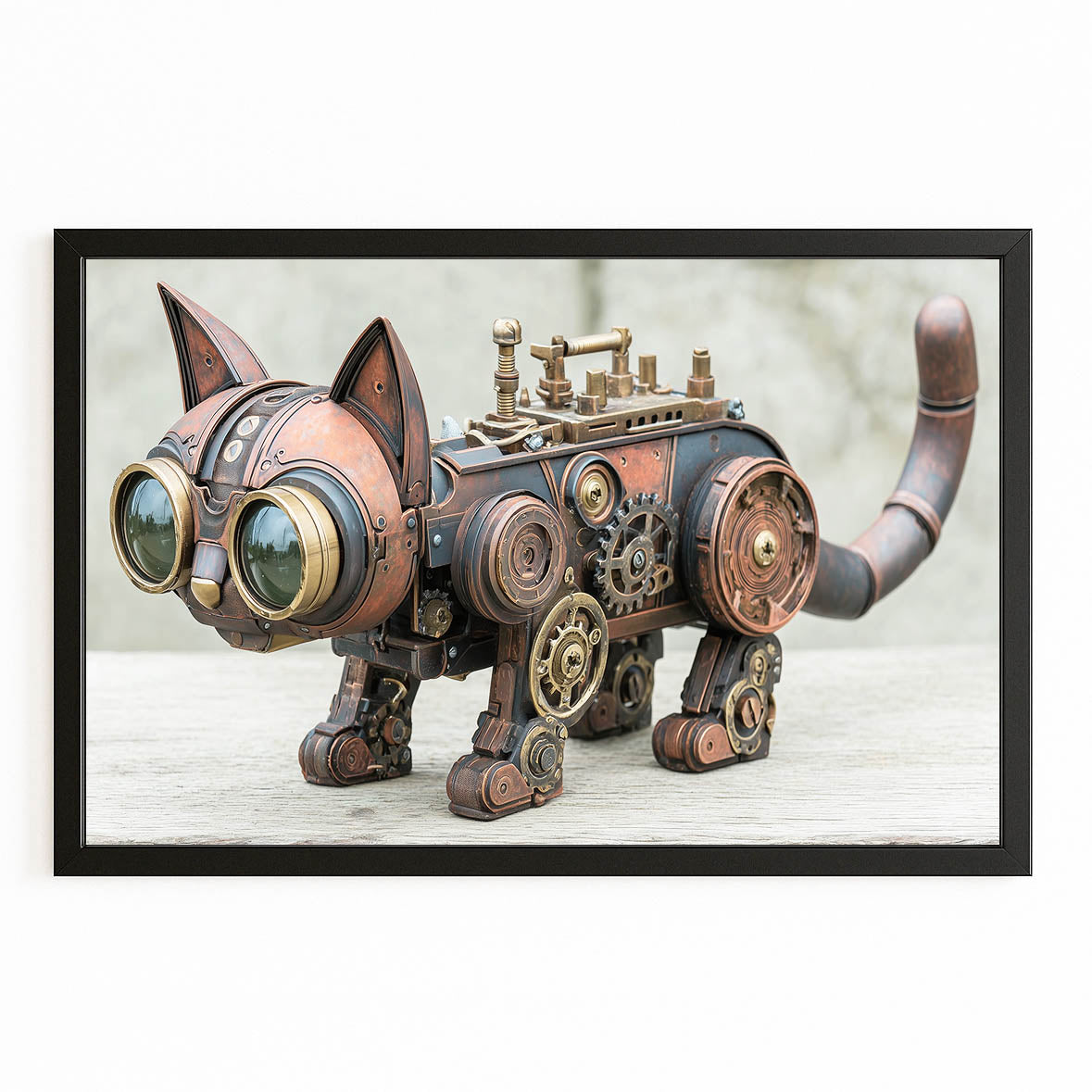 Copper Clockwork Cat Steampunk Art – with Premium Black frame on white background
