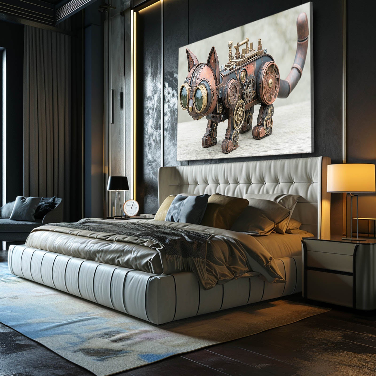 Copper Clockwork Cat Steampunk Art – styled in a furnished interior