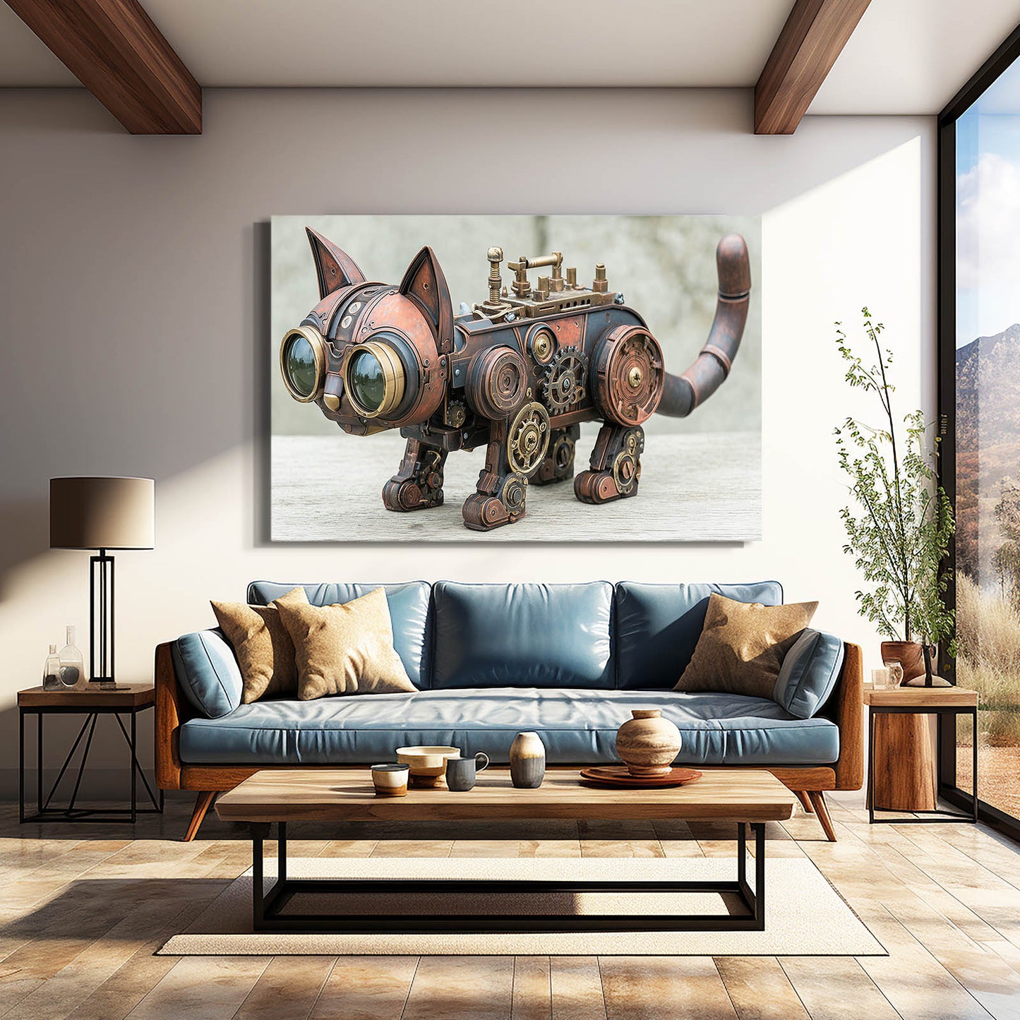 Copper Clockwork Cat Steampunk Art – styled in a furnished interior