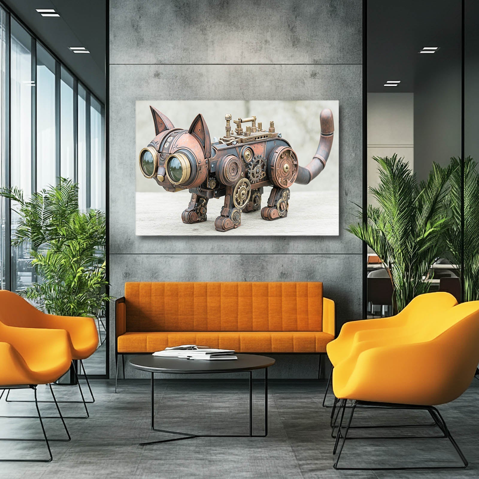 Copper Clockwork Cat Steampunk Art – styled in a furnished interior