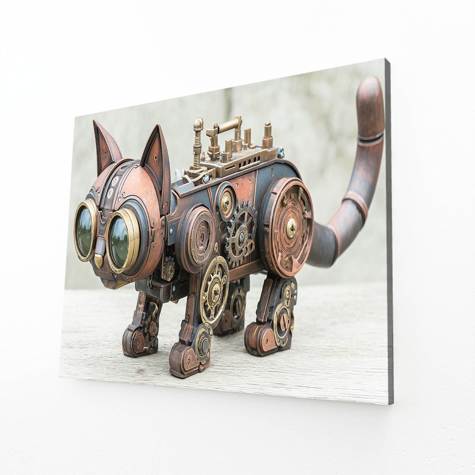Copper Clockwork Cat Steampunk Art – angled canvas view on white background