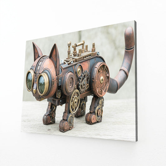 Copper Clockwork Cat Steampunk Art – angled canvas view on white background