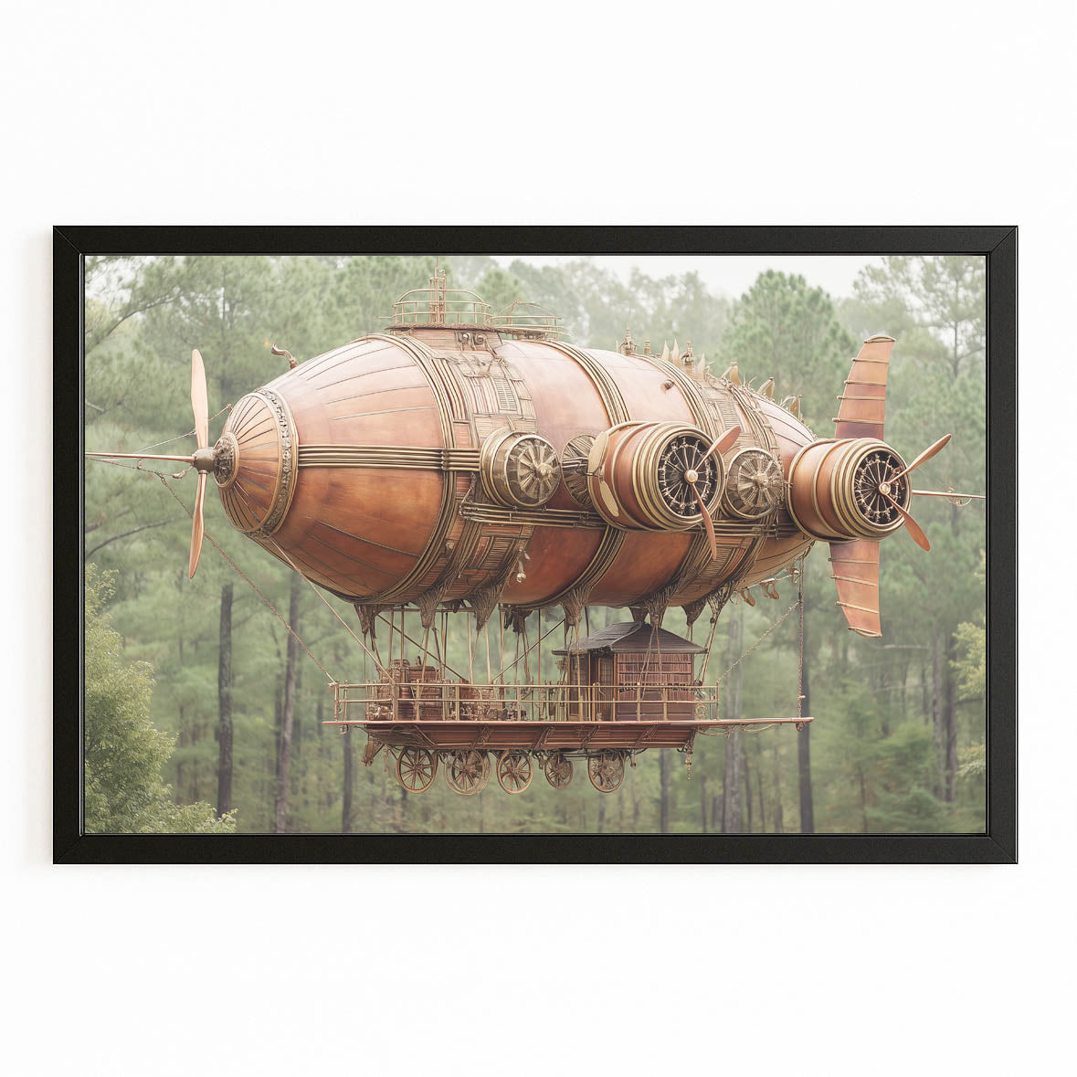 Copper Forest Airship Steampunk Wall Art – with Premium Black frame on white background