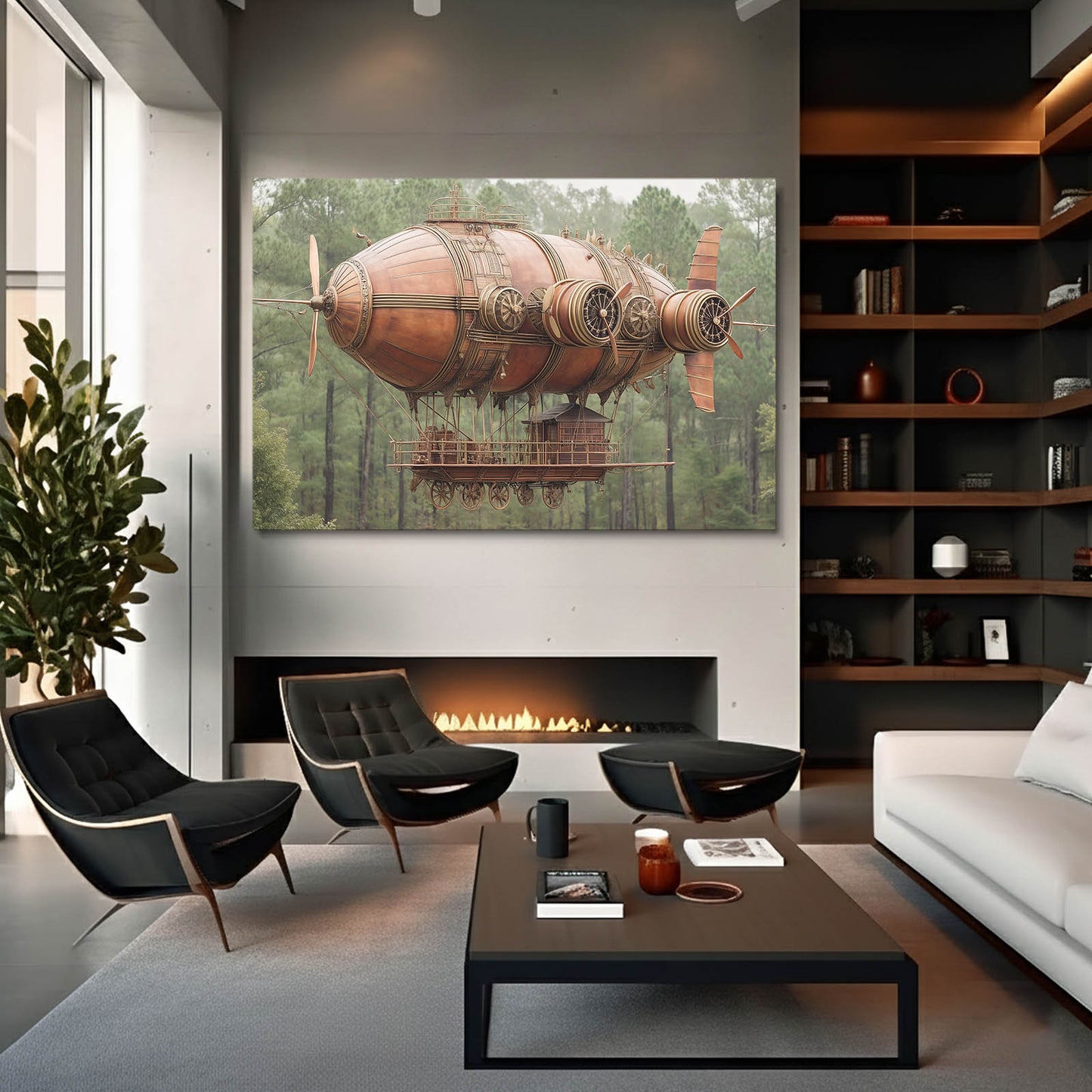 Copper Forest Airship Steampunk Wall Art – styled in a furnished interior