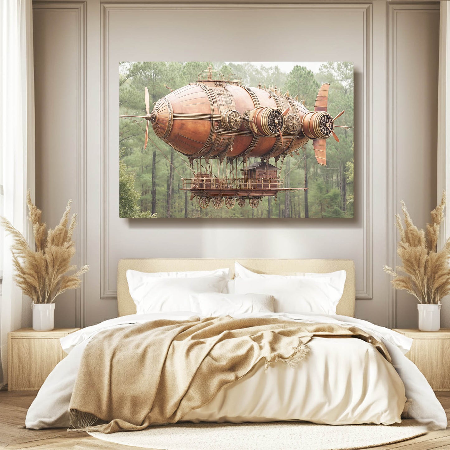 Copper Forest Airship Steampunk Wall Art – styled in a furnished interior