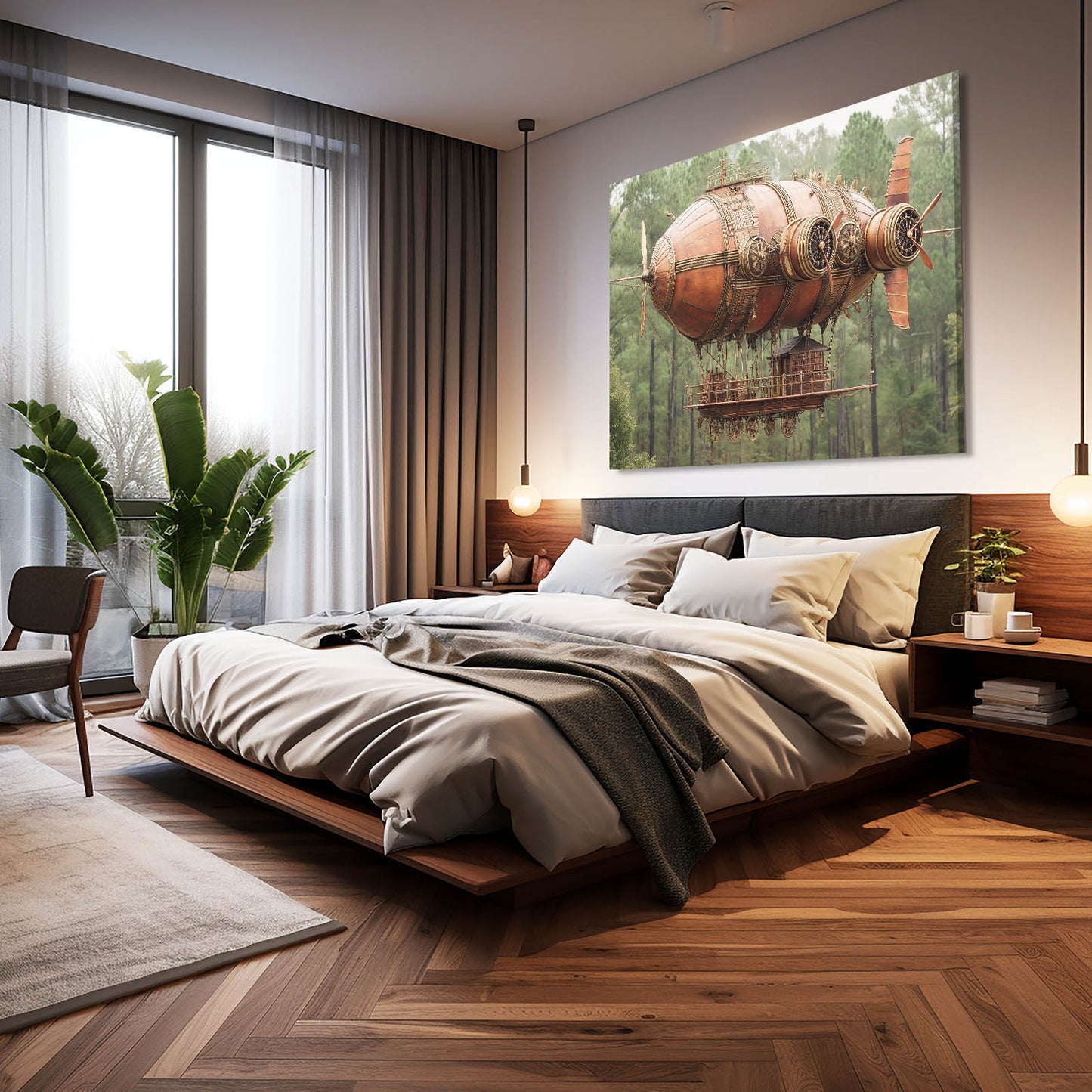 Copper Forest Airship Steampunk Wall Art – styled in a furnished interior