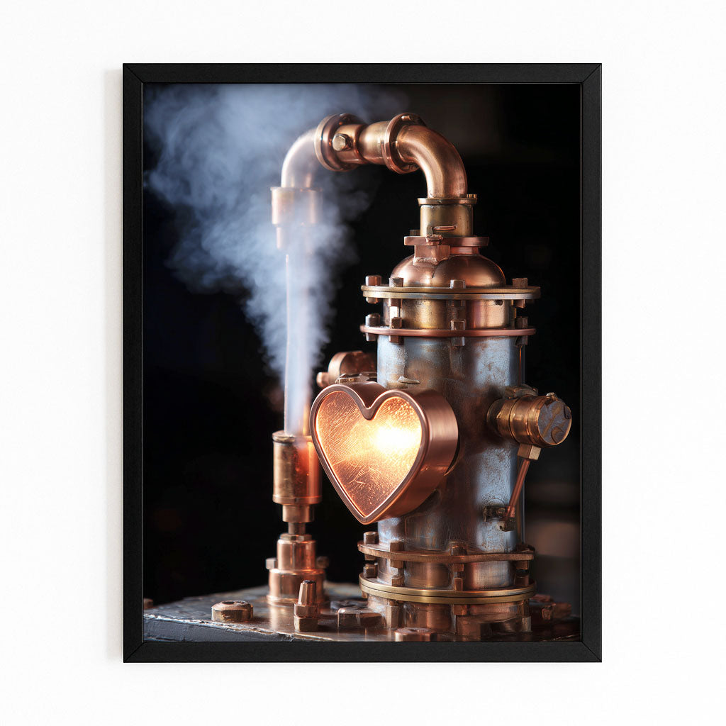 Copper Heart Still Steampunk Canvas Art – with Premium Black frame on white background