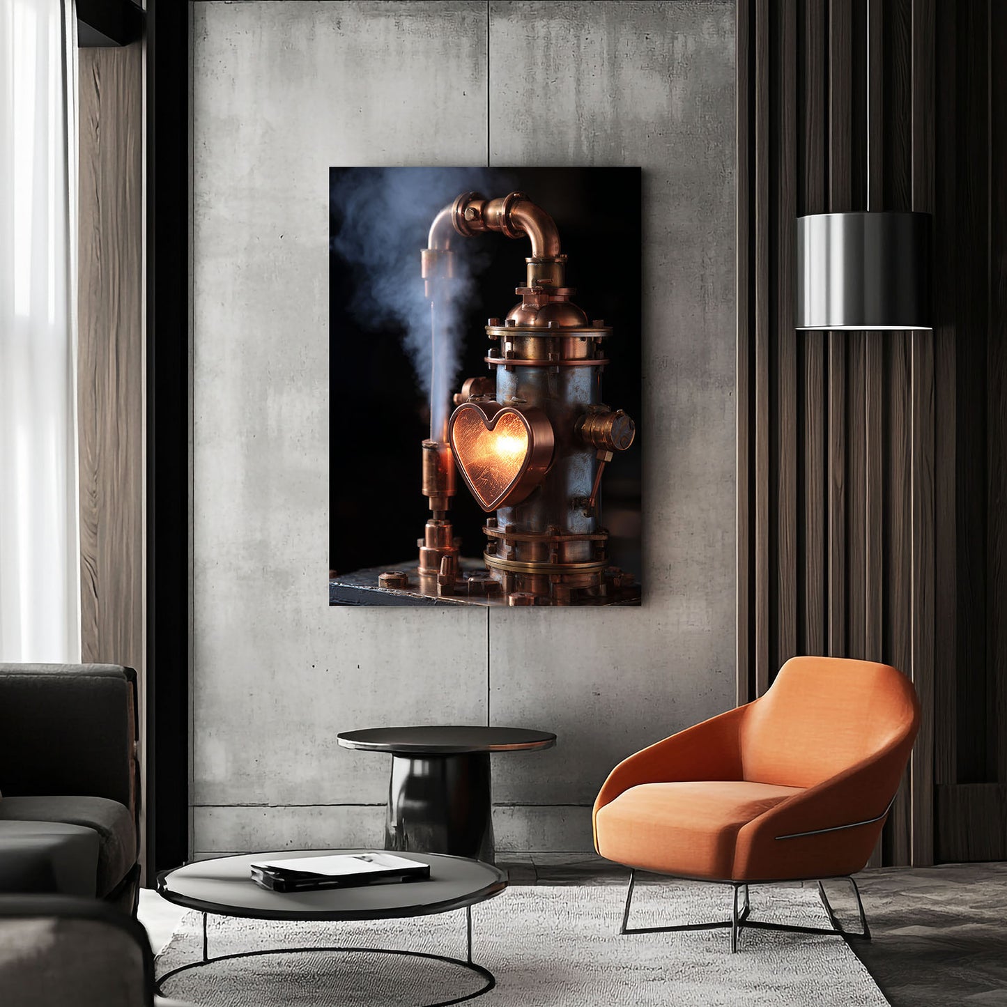 Copper Heart Still Steampunk Canvas Art – styled in a furnished interior