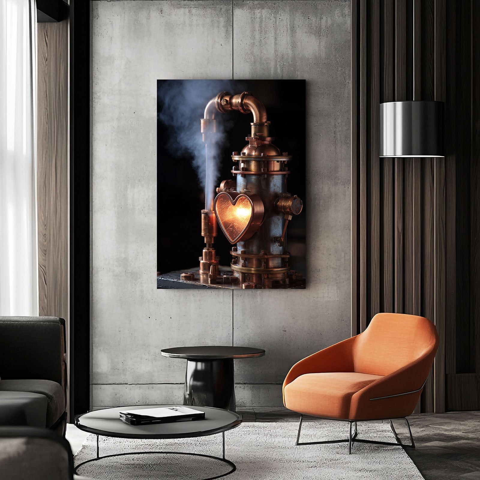 Copper Heart Still Steampunk Canvas Art – styled in a furnished interior