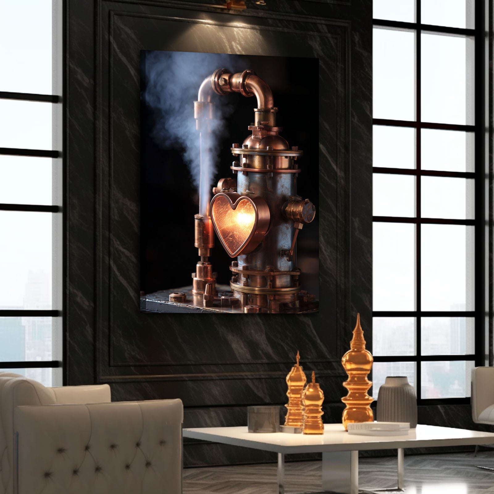 Copper Heart Still Steampunk Canvas Art – styled in a furnished interior