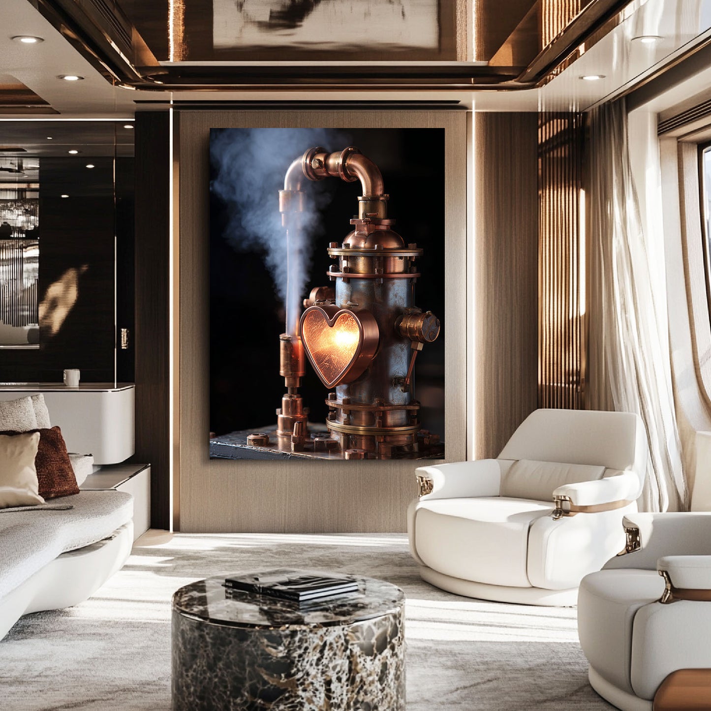 Copper Heart Still Steampunk Canvas Art – styled in a furnished interior
