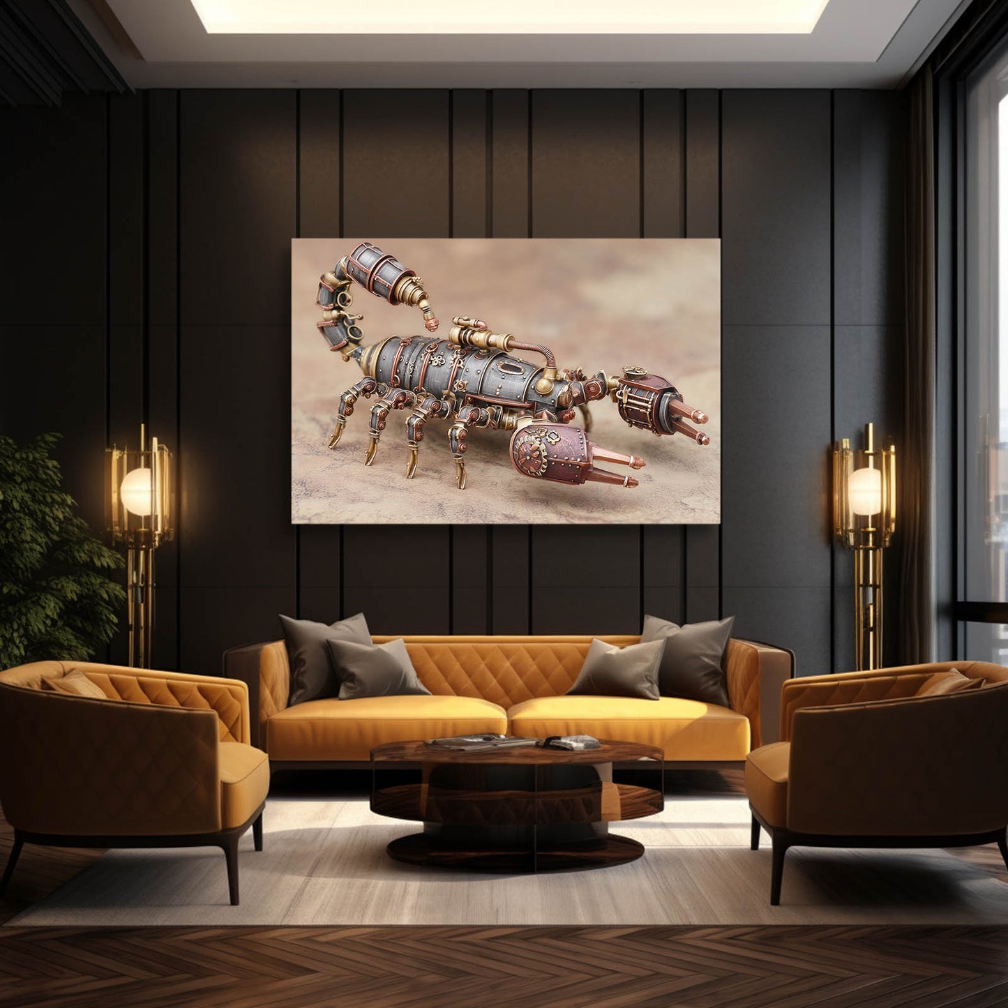 Copper Mechanical Scorpion Steampunk Prints – styled in a furnished interior