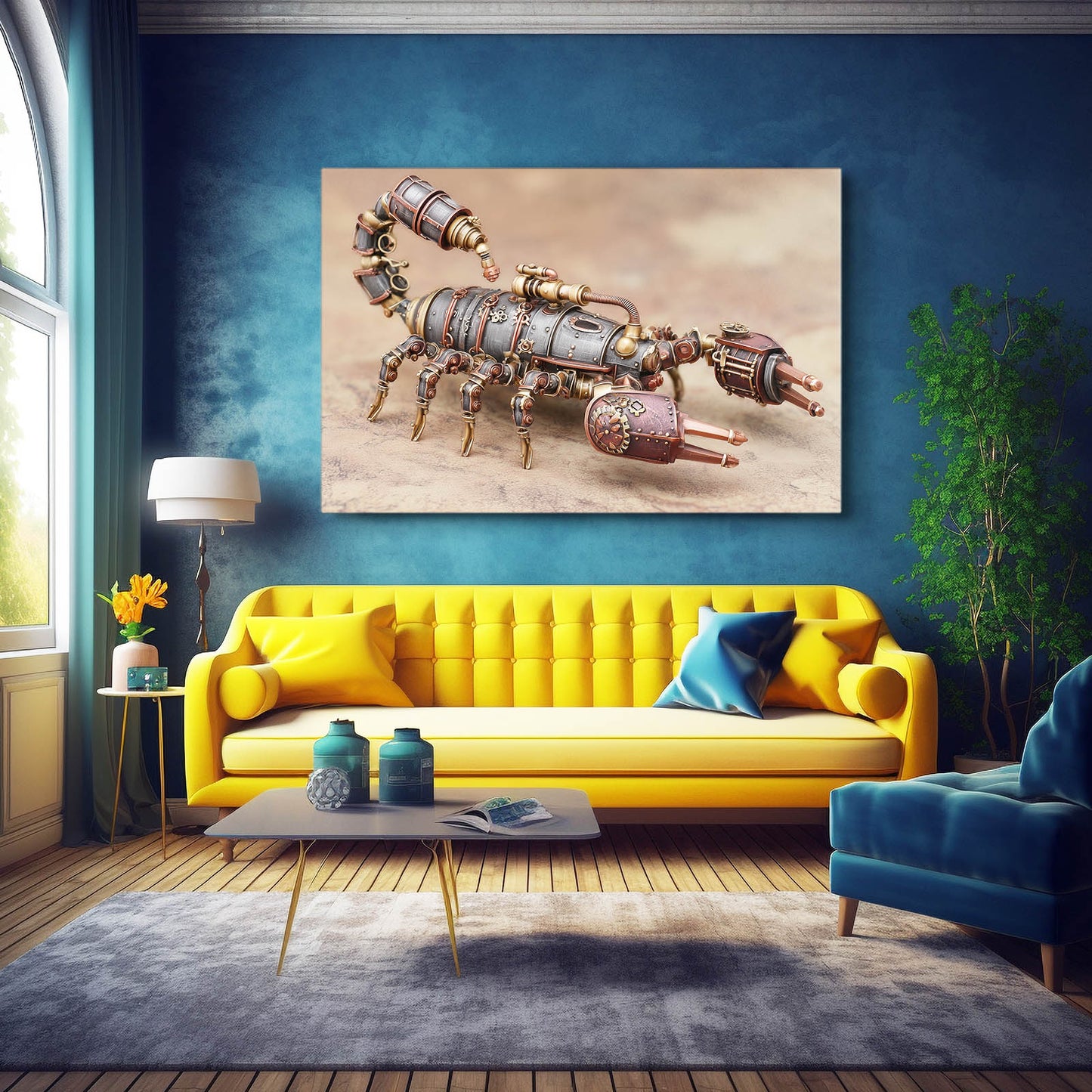 Copper Mechanical Scorpion Steampunk Prints – styled in a furnished interior