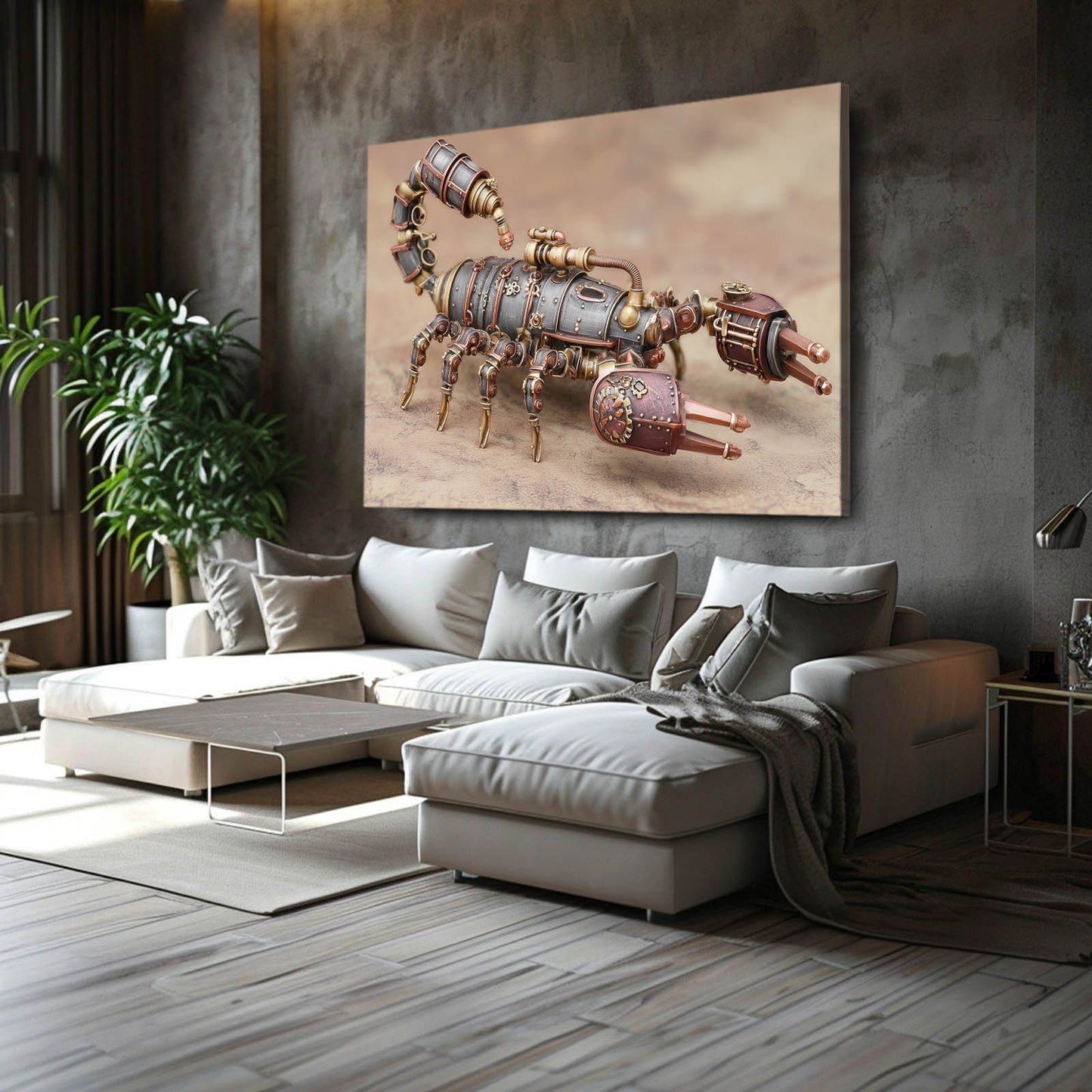 Copper Mechanical Scorpion Steampunk Prints – styled in a furnished interior